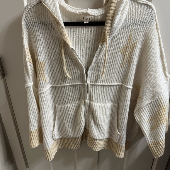 POL White/Tan Zip Up Hooded Sweater with Stars Size Medium NEVER WORN - Picture 6 of 16